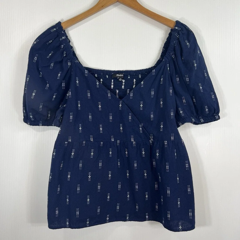 Madewell Jacquard Puff-Sleeve Empire Top Size Medium Cotton Blue Babydoll Summer
